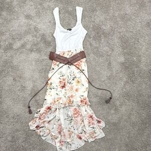 rue21‎ Women's S White Floral Knit Stretch Scoop Neck Ruffle Hem Sleeveless Midi